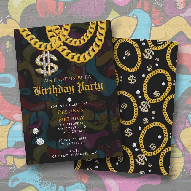 Invitación Hip Hop Gold Chain Graffiti 90's Birthday Party (Hip Hop Gold Chain Graffiti 90's Birthday Party Invitation)