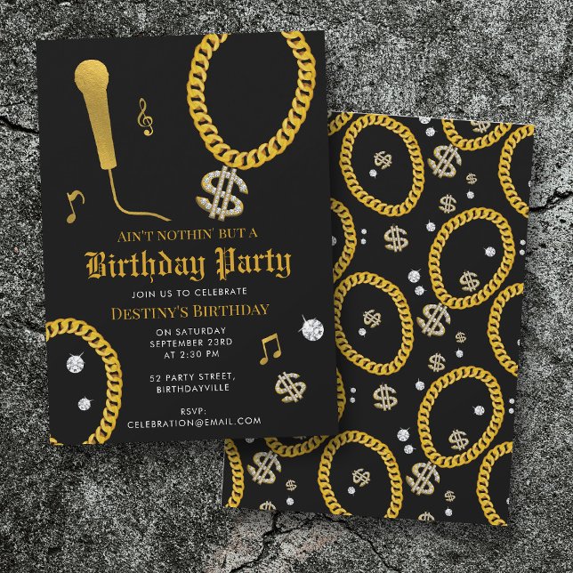 Invitación Hip Hop Gold Chain Microphone 80's 90's Birthday (Hip Hop Gold Chain Microphone 80's 90's Birthday Invitation)