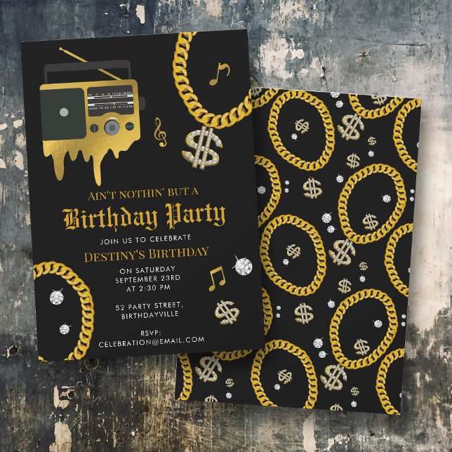 Invitación Hip Hop Gold Chain Radio 80's 90's Birthday (Hip Hop Gold Chain Radio 80's 90's Birthday Invitation)
