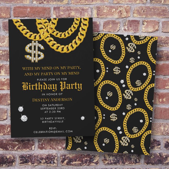 Invitación Hip Hop Gold Cuban Link Chain 90's Birthday Party (Hip Hop Gold Cuban Link Chain 90's Birthday Party Invitation)