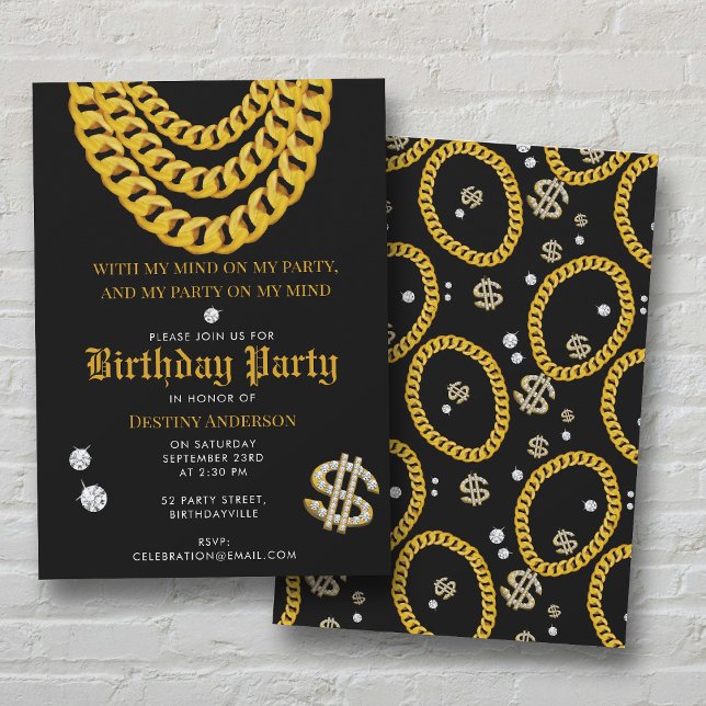 Invitación Hip Hop Gold Cuban Link Chain 90's Birthday Party (Hip Hop Gold Cuban Link Chain 90's Birthday Party Invitation)