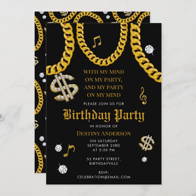 Invitación Hip Hop Music Gold Cuban Link Chain 90's Birthday (Anverso / Reverso)