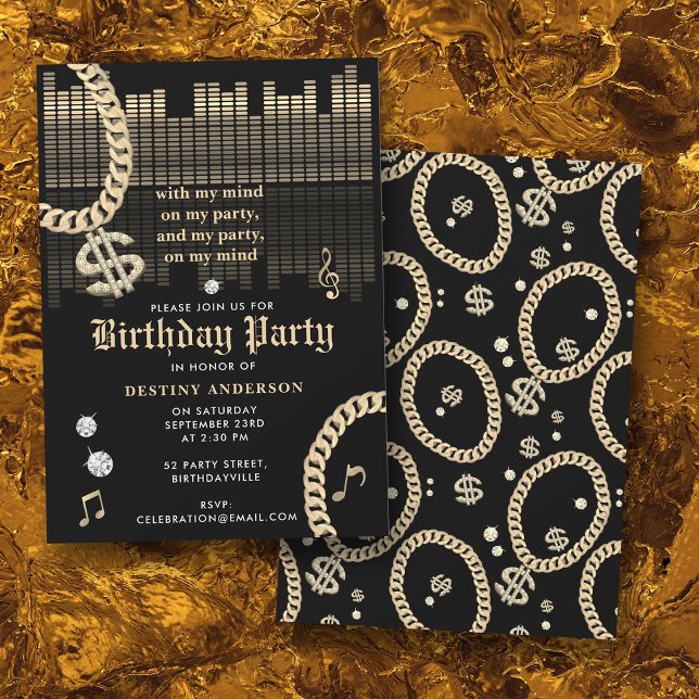 Invitación Hip Hop Rap Music Gold Link Chain 90's Birthday (Hip Hop Rap Music Gold Link Chain 90's Birthday Invitation)