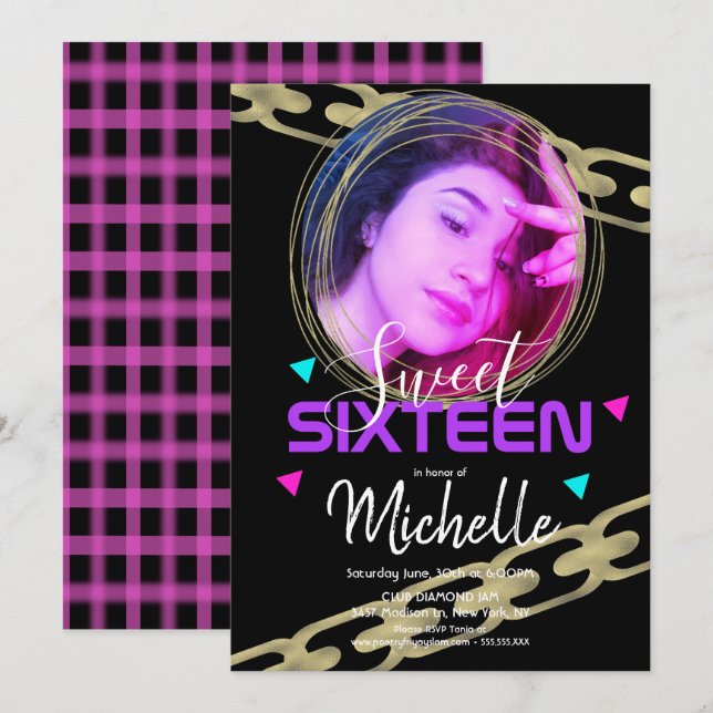 Invitación Hip Hop Sweet Dieciséis Anillo de Oro Confetti Fot (Anverso / Reverso)