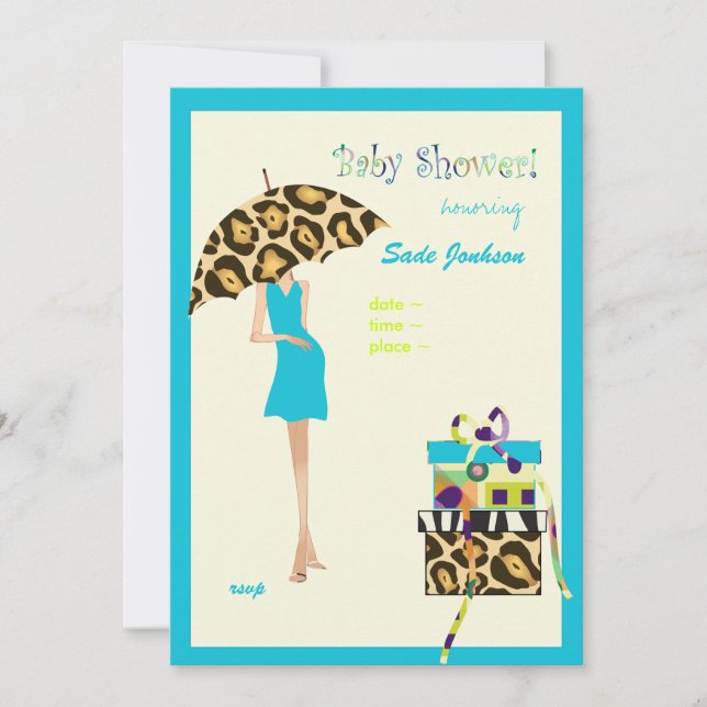 Invitación Hip Mamá Baby Shower/ vestido azul / manchas leopa (Anverso)