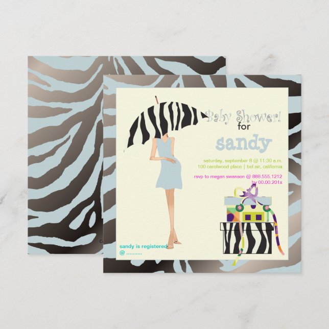 INVITACIÓN HIP MAMA, SILVERY BLUE ZEBRA BABY SHOWER INVITA (Anverso / Reverso)