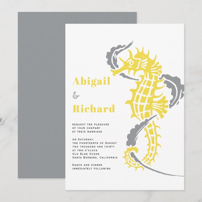 Invitación Hipahorse, boda de playa amarilla y gris (Anverso / Reverso)
