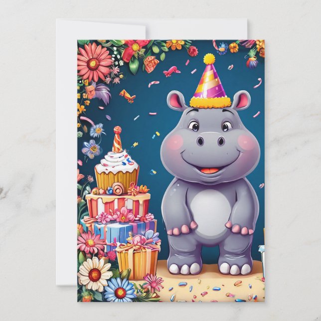 Invitación hipopótamo de cumpleaños con pastel y globos (Anverso)