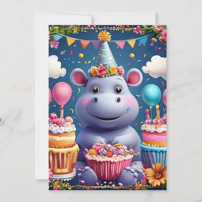 Invitación Hipopótamo de cumpleaños con pastel y globos (Anverso)