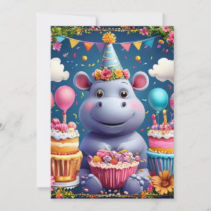 Invitación Hipopótamo de cumpleaños con pastel y globos