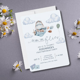 Invitación Hipopótamo Lindo, Avión y Nubes, Cumpleaños Azul N