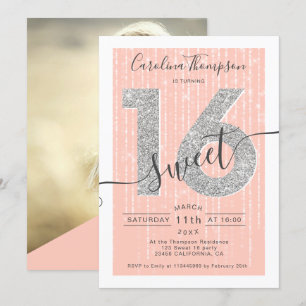 Invitación Hipótesis de purpurina plateado melocotón Sweet 16