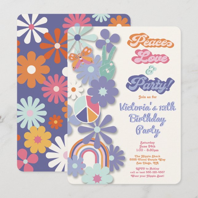 Invitación Hippie 1960's 1970's Peace Love & Fiesta Birthday (Anverso / Reverso)