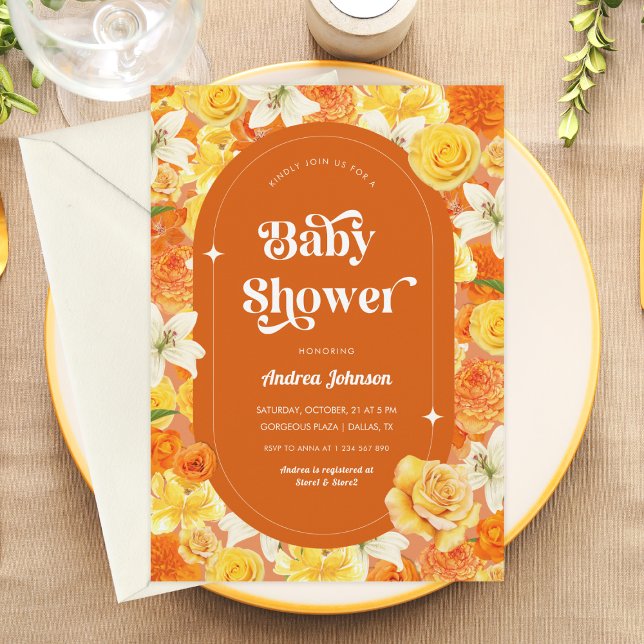 Invitación Hippie Floral Retro Groovy Naranja Baby Shower de  (Subido por el creador)