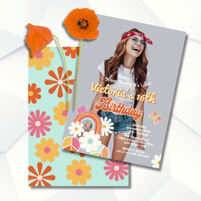 Invitación Hippie Flower Power Photo 70s Fiesta de cumpleaños (Subido por el creador)
