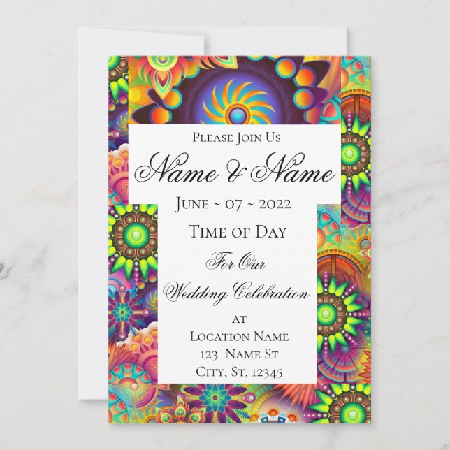 Invitación Hippie Groovy Techno Psychedelic Thunder_Cove (Anverso)