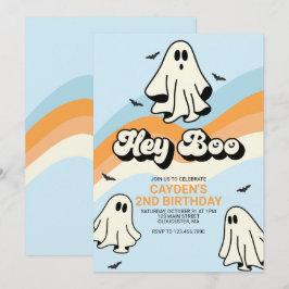 Invitación Hippie Halloween Retro Fantasma Hey Boo azul