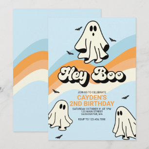 Invitación Hippie Halloween Retro Fantasma Hey Boo azul