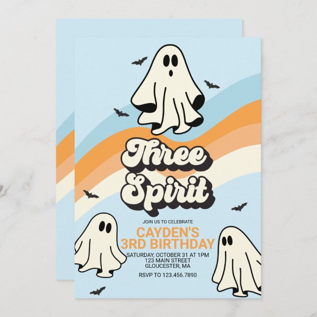 Invitación Hippie Halloween Retro Fantasma Tres Espíritus (Anverso / Reverso)