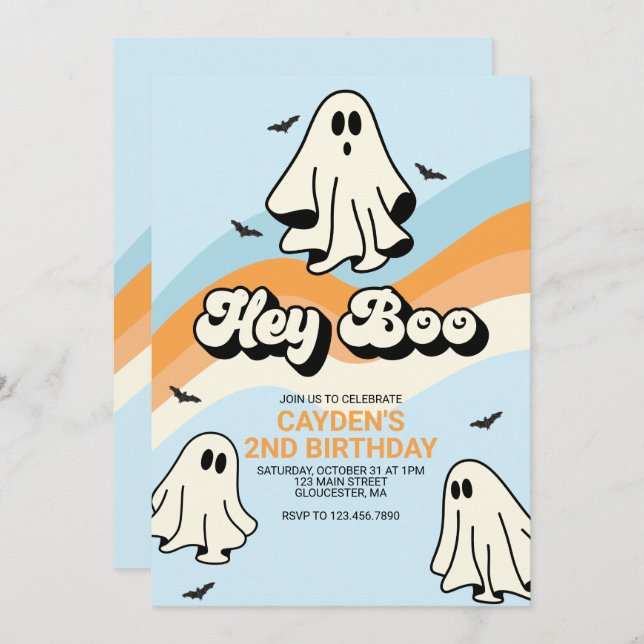 Invitación Hippie Halloween Retro Ghost Hey Boo azul (Anverso / Reverso)