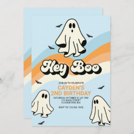 Invitación Hippie Halloween Retro Ghost Hey Boo azul