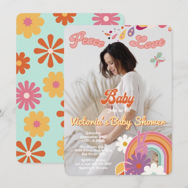 Invitación Hippie Peace Love Baby Photo Baby Shower de los añ (Anverso / Reverso)