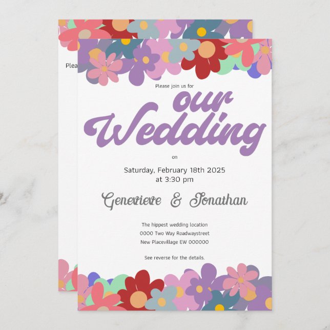 Invitación Hippie QR código flor poder funky groovy boda (Anverso / Reverso)