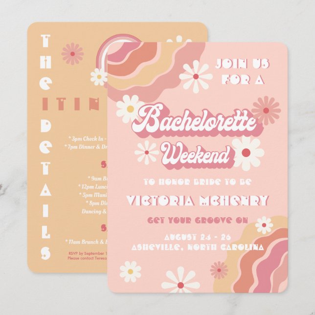 Invitación Hippie Retro Bachelorette Weekend (Anverso / Reverso)