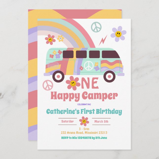 Invitación Hippie Van One Happy Camper First Birday (Anverso / Reverso)