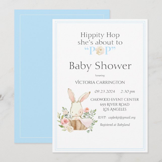 Invitación Hippity Hop Bunny Blue Modern Baby Shower (Anverso / Reverso)