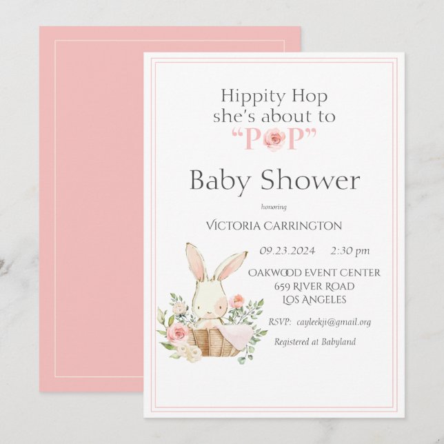 Invitación Hippity Hop Bunny Pink Modern Baby Shower (Anverso / Reverso)