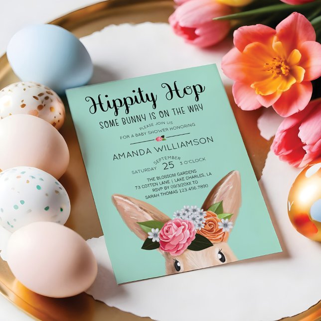 Invitación Hippity Hop Easter Floral Conejo Conejo Baby Showe (Hippity Hop Easter Floral Bunny Rabbit Baby Shower Invitation)