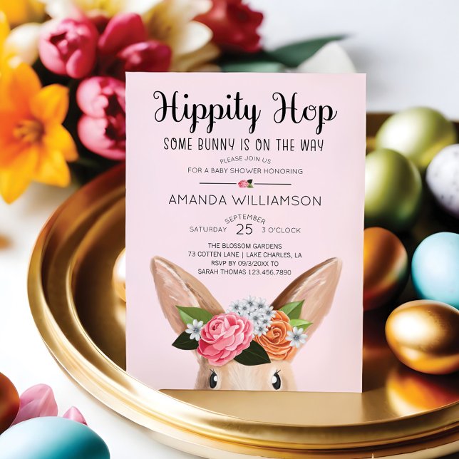 Invitación Hippity Hop Easter Floral Conejo Conejo Baby Showe (Hippity Hop Easter Floral Bunny Rabbit Baby Shower Invitation)
