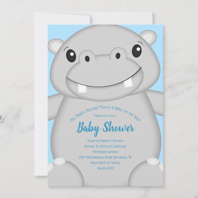 Invitación Hippo Baby Shower Blue (Anverso)