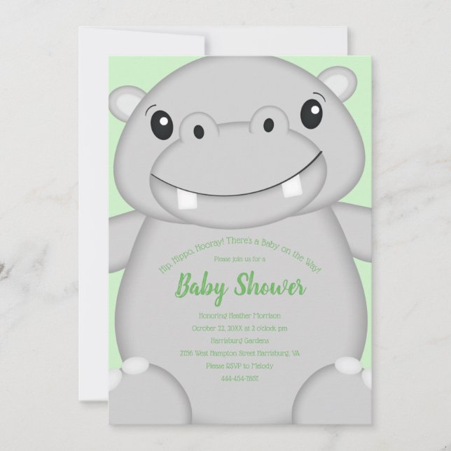 Invitación Hippo Baby Shower Green (Anverso)