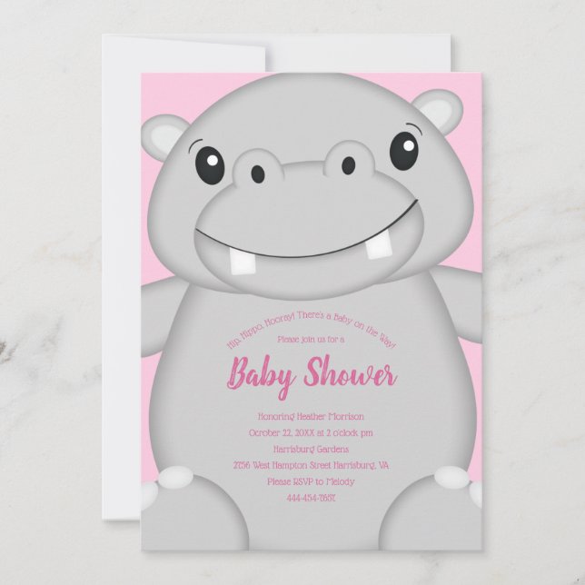 Invitación Hippo Baby Shower Pink (Anverso)