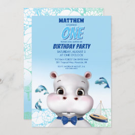 Invitación Hippo Blue Fish Boy Cumpleaños