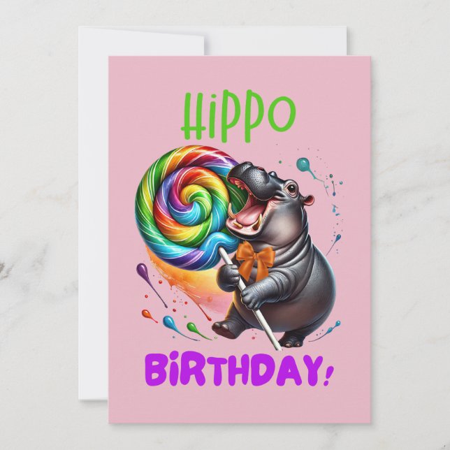 Invitación Hippo Cumpleaños Alegre, Colorida Bañera de Vela | (Anverso)