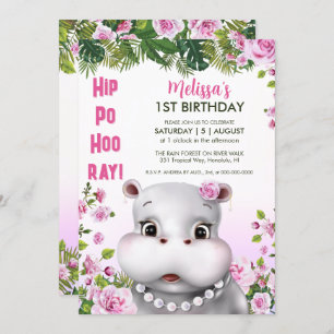 Invitación Hippo en Pearls Chica Floral Rosa Cumpleaños
