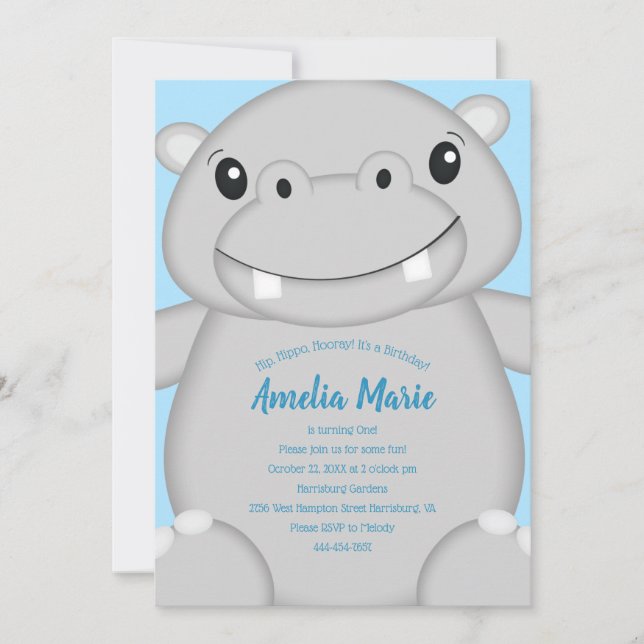 Invitación Hippo Fiesta de Cumpleaños Azul (Anverso)