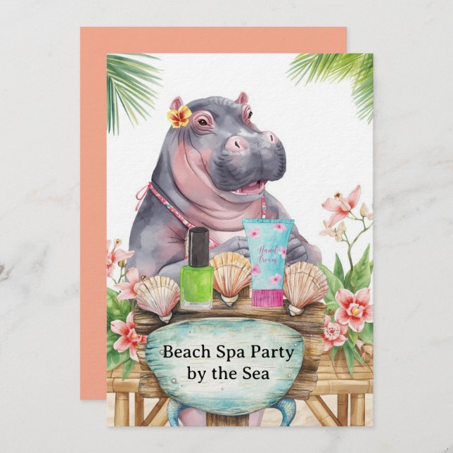 Invitación  Hippo in Bikini Manicure Coastal Beauty beach spa (Anverso / Reverso)