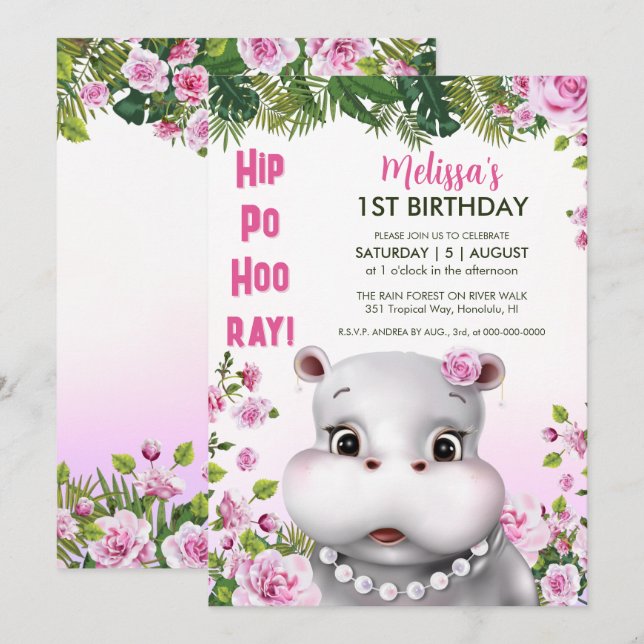 Invitación Hippo Pearls Chica Floral Rosa Cumpleaños (Anverso / Reverso)