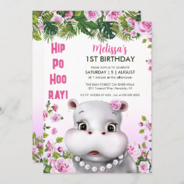 Invitación Hippo Pearls Chica Floral Rosa Cumpleaños