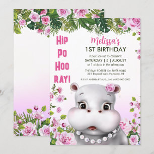 Invitación Hippo Pearls Chica Floral Rosa Cumpleaños