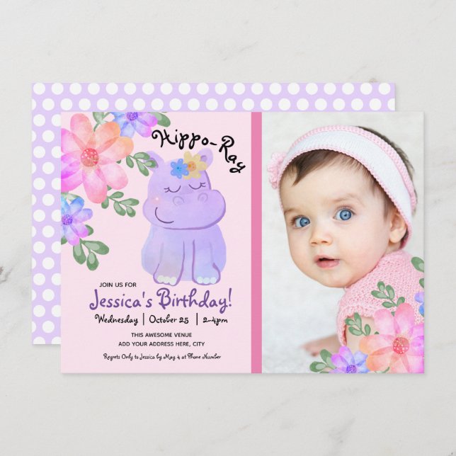 Invitación Hippo Watercolor Birthday Girly Floral (Anverso / Reverso)