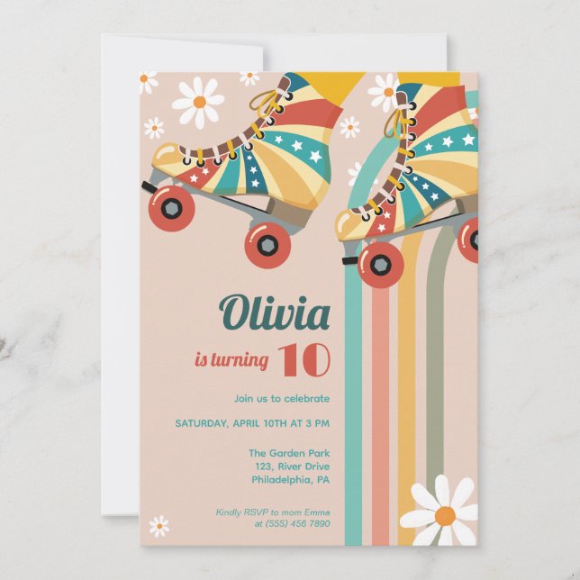 Invitación Hippy de Roller Skyline Birthday Groovy (Anverso)