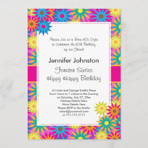 Invitación Hippy Feliz cumpleaños 1960 Retro 60 Fiesta de BDa