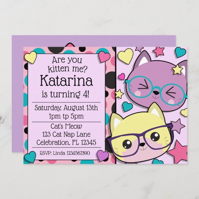 Invitación Hipster Nerdy Gatos Chicas Cumpleaños (Anverso / Reverso)