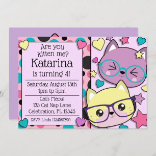 Invitación Hipster Nerdy Gatos Chicas Cumpleaños