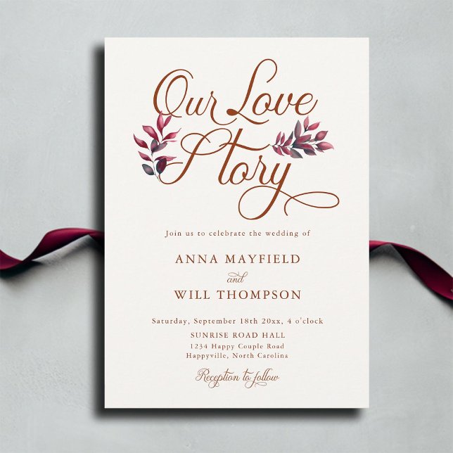 Invitación Historia de amor Boda romántico de otoño borgoña (our love story fall wedding invitation modern romantic calligraphy autumn foliage burgundy elegant)